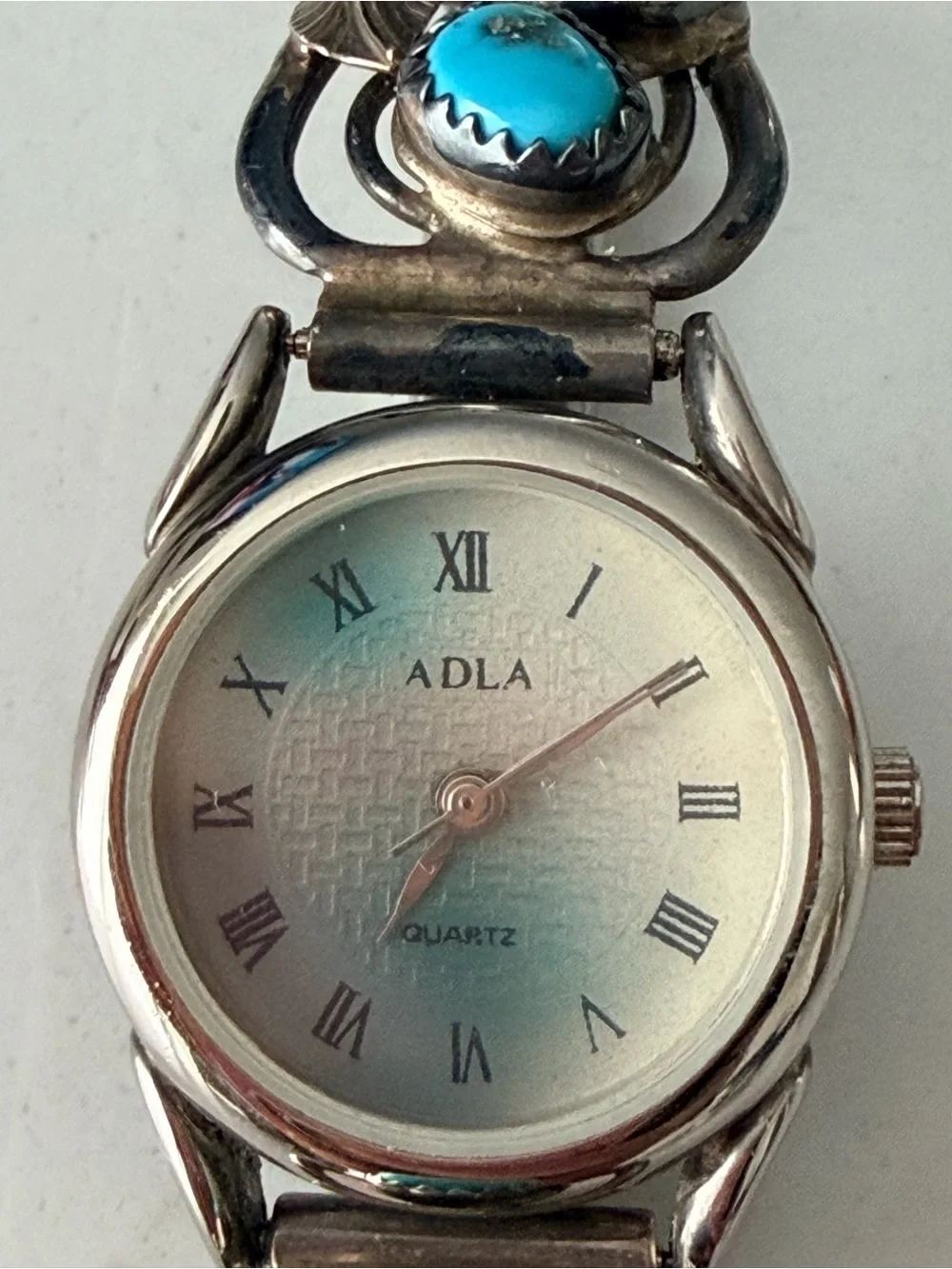 Adla Quartz Sterling Silver Turquoise & Coral Stone Bracelet Watch-Vintage rare